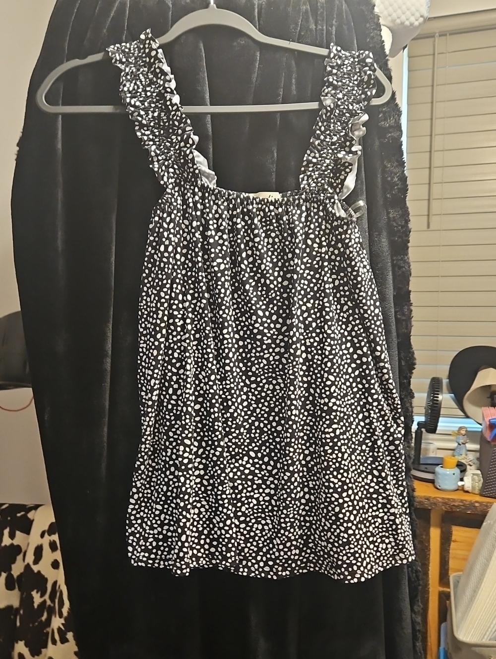 Black and White Dot Ruffle Strap Top